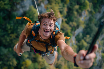 Smiling man looking at his smartphone while doing a bungee jump. Generative AI