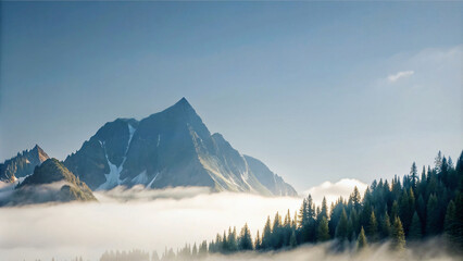 Winter Mountain View: Snow-covered Alps under morning sky, with icy peaks, foggy forests, and a blanket of snow