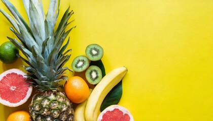tropical sliced colorful fruit on yellow colored background top view in flat lay style healthy...