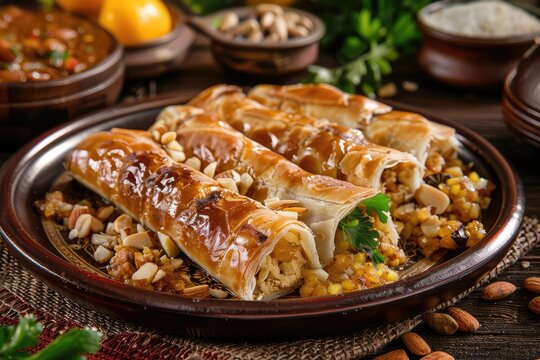 B'stilla or Bastilla, a Savory Moroccan Chicken Pie, Pastilla Pigeon Pie Topped with Almonds and Powdered Sugar