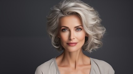 Picture capturing the beauty of a mature young Caucasian lady, posing for the camera in a studio setup against a gray backdrop, with a Half-up half-down hairstyle