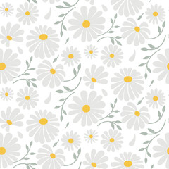 Seamless pattern with daisies. Silver on white. 