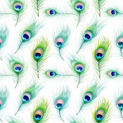 Obraz premium Watercolor Peacock Feather Seamless Pattern, Aquarelle Plumage, Watercolor Exotic Feather Tile
