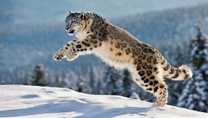 usa montana leaping captive snow leopard in winter