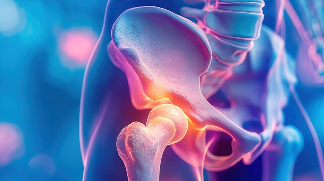 3D illustration that shows red spots on hip joint. pain