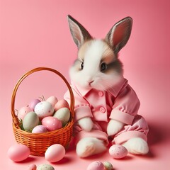 Nice easter bunny with eggs in pink  on color background, maded with artificial intelligence - 761834336