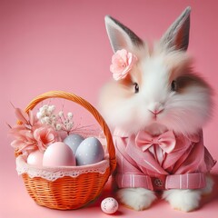 Nice easter bunny with eggs in pink  on color background, maded with artificial intelligence - 761834339
