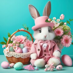 Nice easter bunny with eggs in pink  on color background, maded with artificial intelligence - 761834350