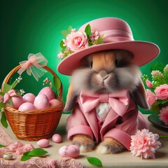 Nice easter bunny with eggs in pink  on color background, maded with artificial intelligence - 761834351