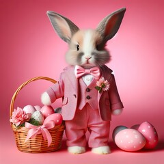 Nice easter bunny with eggs in pink  on color background, maded with artificial intelligence - 761834352
