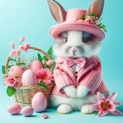 Nice easter bunny with eggs in pink  on color background, maded with artificial intelligence - 761834359