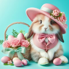 Nice easter bunny with eggs in pink  on color background, maded with artificial intelligence - 761834361