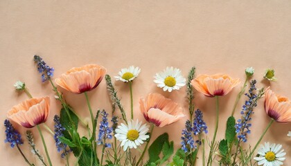 creative spring or summer mockup with wildflowers on beige background the main background is peach...