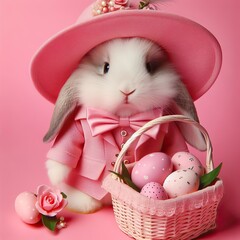 Nice easter bunny with eggs in pink  on color background, maded with artificial intelligence - 761834374