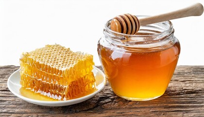 honey isolated on white or transparent background jar with honey honeycomb and honey dipper