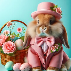 Nice easter bunny with eggs in pink  on color background, maded with artificial intelligence - 761834392