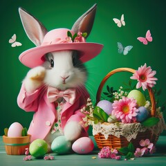 Nice easter bunny with eggs in pink  on color background, maded with artificial intelligence - 761834397