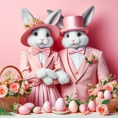 A couple of Easter bunnies in pink suits and dresses with hats holding a basket of Easter eggs on a pink background, created using artificial intelligence - 761834508