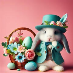 Nice easter bunny with eggs in pink  on color background, maded with artificial intelligence - 761834518