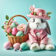 Nice easter bunny with eggs in pink  on color background, maded with artificial intelligence - 761834532