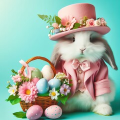 Nice easter bunny with eggs in pink  on color background, maded with artificial intelligence - 761834566