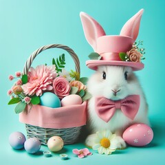 Nice easter bunny with eggs in pink  on color background, maded with artificial intelligence - 761834574