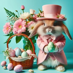 Nice easter bunny with eggs in pink  on color background, maded with artificial intelligence - 761834575