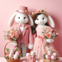  A couple of Easter bunnies in pink suits and dresses with hats holding a basket of Easter eggs on a pink background, created using artificial intelligence - 761834596