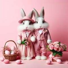 A couple of Easter bunnies in pink suits and dresses with hats holding a basket of Easter eggs on a pink background, created using artificial intelligence - 761834599