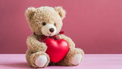 cute teddy bears holding red heart ball on pink background