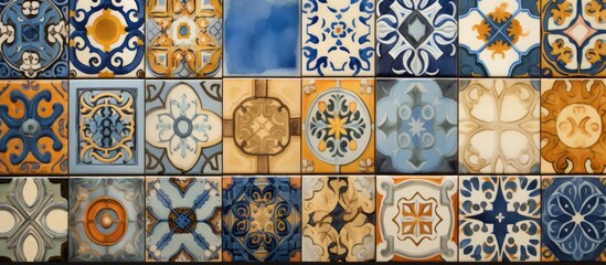A creative display of colorful tiles with various designs including circles, rectangles, and patterns, creating a symmetrical and visually appealing flooring fixture