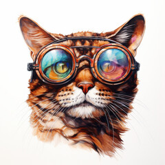 un chat avec des lunettes sur fond blanc - obrazy, fototapety, plakaty