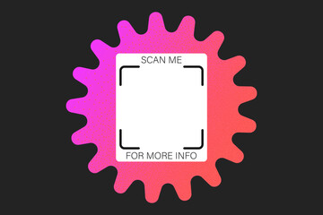 Geometric textured QR code vector element, scan me phone label template. Qr code sticker mockup, Y2K neon rainbow gradient barcode icon on dark background, vibrant pink and orange shape.