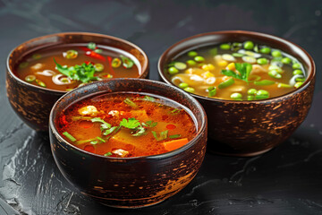 Gourmet Chinese Soup Assortment with Fresh Garnish