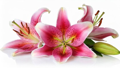 three wonderful pink lily with a bud isolated on white background including clipping path without shade