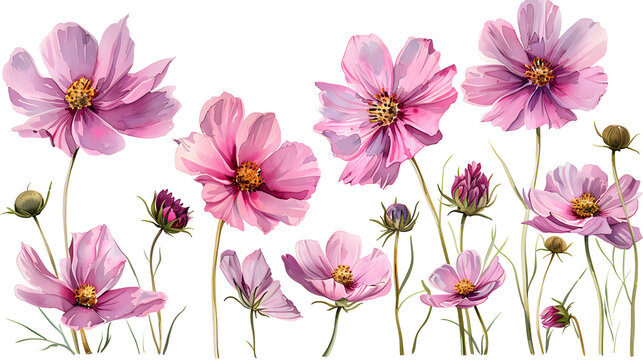 Soft pink watercolor cosmos flowers isolated on a white background, perfect for wedding invitations and floral arrangements.