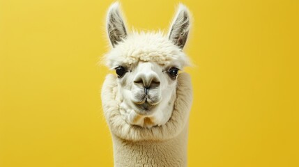 Portrait of a white alpaca on a yellow background.