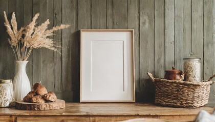 mockup frame in farmhouse living room interior 3d render - obrazy, fototapety, plakaty