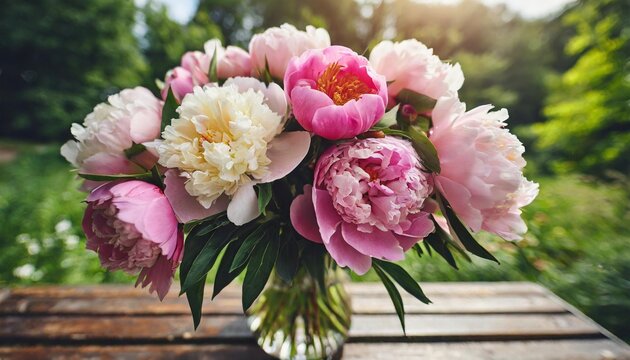 dreamy flower bouquet of pink natural peonies flowers spring and summer season bouquet