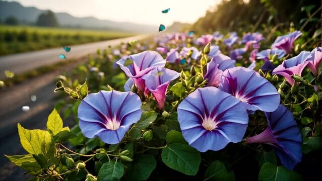 beautiful scenery, fields of morning glory flowers and butterflies dancing at sunrise, summer Seamless looping 4k time-lapse animation video background