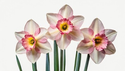 three stems and flowers of the small cup daffodil cultivar pink rim against a white background