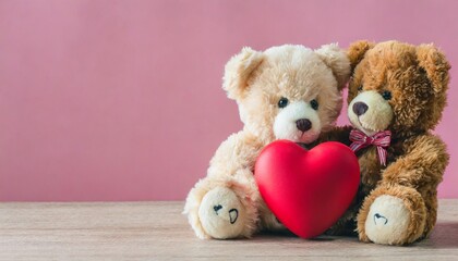 cute teddy bears holding red heart ball on pink background