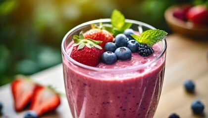 vegan berry fruit smoothie in a glass with berries creating a delicious and plant based refreshment