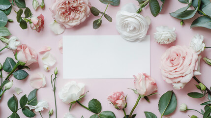 A blank white card surrounded by a lush array of soft flowers and fresh green leaves on a pastel pink background serves as an inviting template for a warm greeting or elegant announcement