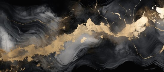 A majestic black and gold marble texture reminiscent of a stormy sky with swirling clouds and...