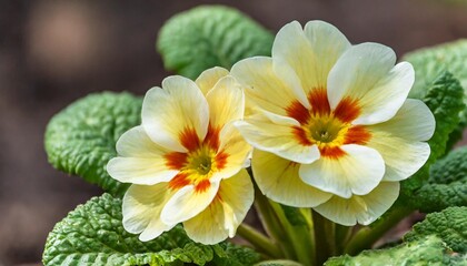 small primula with large two flowers light yellow orange tones