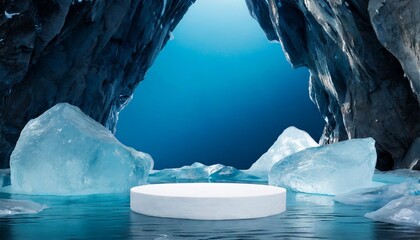 ice background podium cold winter snow product platform floor frozen mountain iceberg podium glacier cool ice background stage landscape display icy stand 3d water nature pedestal arctic concept cave