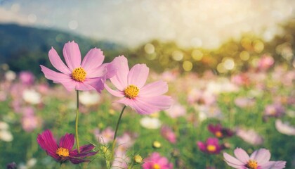 cosmos flowers and light bokeh in vintage tone background