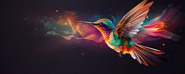 Colorful fantasy hummingbird in fly on black background - obrazy, fototapety, plakaty