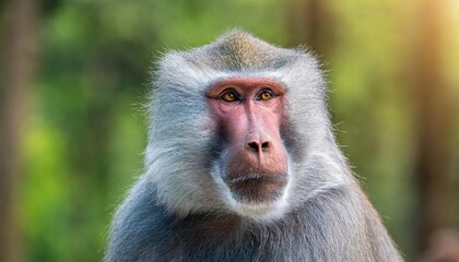 adult old baboon monkey pavian papio hamadryas close face expression observing staring vigilant looking at camera with green bokeh background out focus hairy adult baboon with silver grey hair